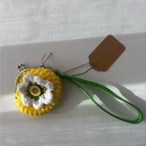 Yellow Crochet Coin Purse with Green Strap